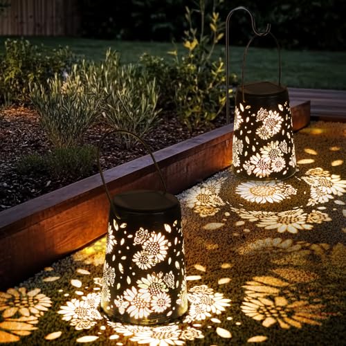 Ketom 2 peças lanternas solares exteriores, IP65 impermeáveis lanternas solares, metal lâmpada solar jardim, suspensa/em pé, para decoração de terraço, pátio, varanda, campismo, modelo de girassole