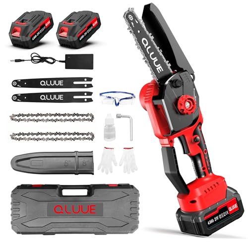 Mini moto-serra a bateria, QLUUE de 6 polegadas com motor de 1150 W, bloqueio de segurança e vários acessórios. Motosserra portátil ideal para jardinagem, corte de ramos e madeira