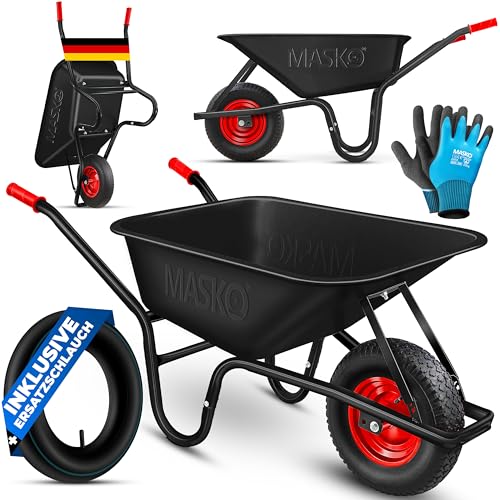 MASKO® Carrinho de jardim e construção | 100 litros 250 kg pneus de ar com borda de aço tubo de substituição para carrinho de mão | armação de aço galvanizado, carrinho de jardim, preto