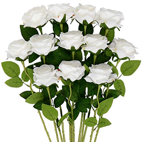 Mocoosy 12 Flores artificiais de rosas brancas, rosas de seda com caule longo, flores brancas artificiais ramo de rosas falsas para casamentos despedidas de solteira casa jardim centros de mesa