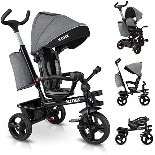 KIDIZ® Triciclo 5 em 1 para crianças com barra de pressão sistema de direção, barra para crianças de 1 ano, funciona nos dois sentidos: frente e reverso, bolsa, cesta, suporte de bebida