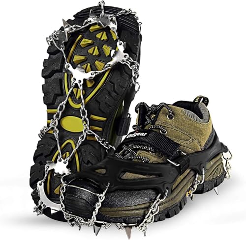 Unigear Crampões para botas de caminhada, aderência de neve e gelo, tacos de tração com 18 peças antiderrapantes para caminhar, correr, escalada e caminhadas