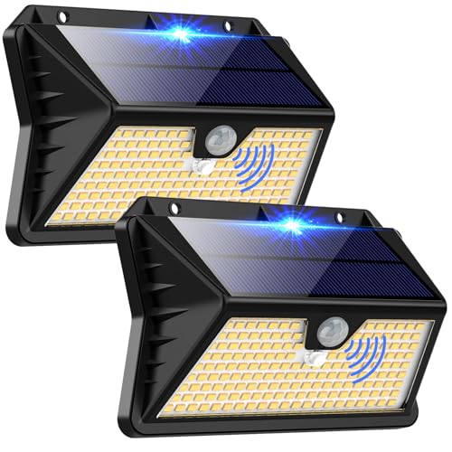 OUILA Luz solar exterior, 185 LED, 3 modos, luzes solares com sensor de jardim de movimento, holofote solar exterior IP65, impermeável para jardim, garagem, rua, pátio, portas, 2 pacotes branco