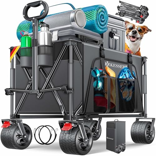 KESSER® Carrinho de mão GTR9000, 200 kg, 300 L, dobrável, rodas extra largas de 360 ° e travões de bloqueio, resistentes às intempéries, inclui capa, bolso lateral e suporte para bebidas