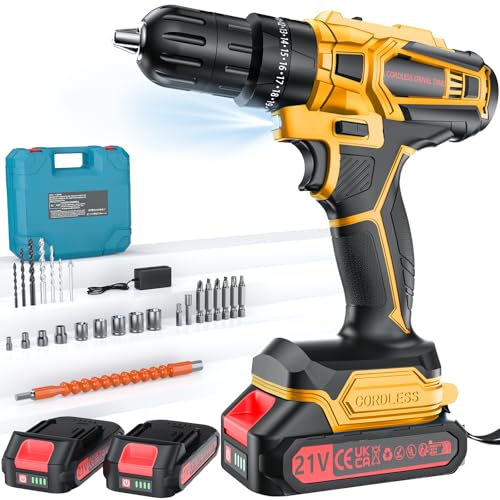 Olubfdh Broca Percutor a bateria 21 V, broca parafuso bateria com 4000 mAh baterias, 45 Nm, 25 + 3 posições de par (2 velocidades e LED) Adequado para bricolage em casa e no jardim (amarelo)