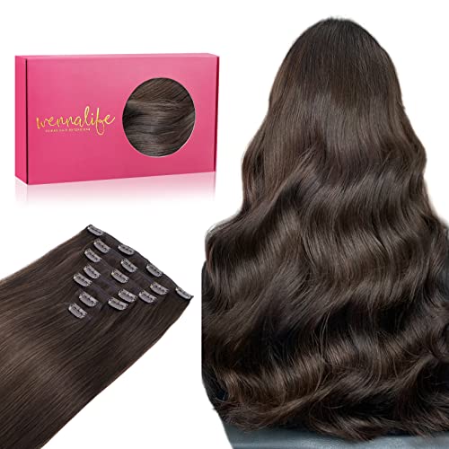 WENNALIFE 60 cm, 120 g, 7 peças, castanho-escuro claro extensões de clipe natural extensões de cabelo Remy extensões de cabelo postiços mulher
