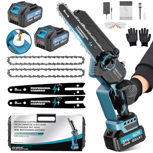 Motosserra de bateria, mini bateria com motor sem escovas de 8 polegadas, serra elétrica 2 * 4000 mAh Leve, potente e versátil, ideal para poder, trabalhos manuais, projetos DIY(1200 W)