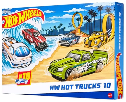 Hot Wheels Pack de 10 camiões, conjunto de carros de brinquedo que inclui camionetas e carpetes, brinquedo + 3 anos (HYM97)