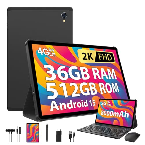 PIXPEAK Tablet Android de 10,6 polegadas de 15, 36 GB RAM, 512 GB ROM (TF 1TB), 4G SIM LTE & 5G WiFi, 2000 * 1200, 8000 mAh, 13 MP+8 MP, GPS, Octa-Core, tablet com teclado | Rato|Estojo | Auriculares