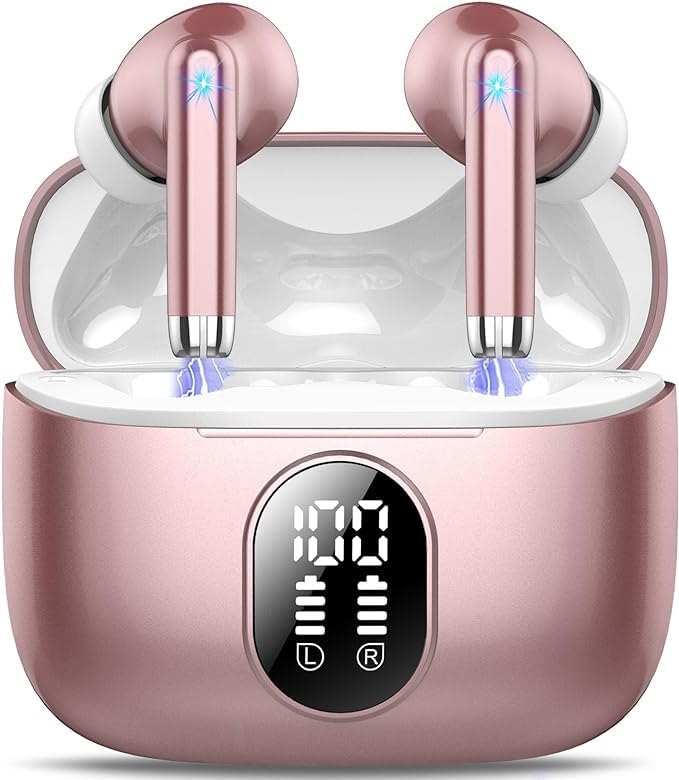 QXQ Auriculares sem fios, auriculares estéreo Bluetooth 5.4 de alta fidelidade com 4 microfones ENC, mini capacetes intraurais 40H com cancelamento de ruído com ecrã LED, capacetes sem fios