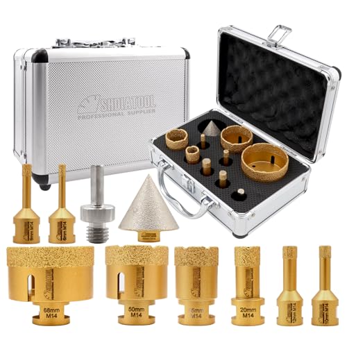 SHDIATOOL Brocas diamantadas M14 rosca 6/8/10/12/20/35/50/68 mm/50 mm brocas chanffon/adaptador de cabo triangular para cerâmica granito mármore