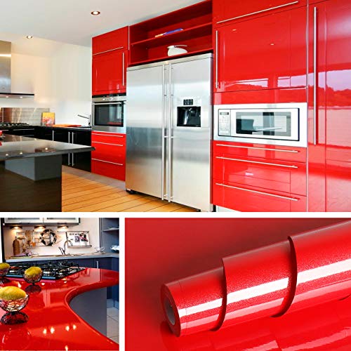 Livelynine 40 cm x 10 m vinil vermelho brilho autocolante papel pintado vermelho papel adesivo para móveis portas de armário artesanato presente frigoríficos cozinha frontal vinis decorativos mesa