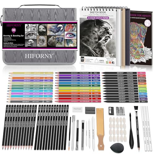 HIFORNY Conjunto de desenho e esboço de 100 peças, materiais de arte profissionais com lápis de grafite, carvão, coloridos, aguarela, metálicos, ferramentas de mistura (cinzento)