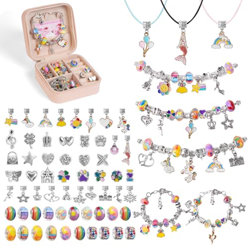 AUAUY Kit para fazer pulseiras meninas, 66 peças de cor fazer pulseiras para meninas com caixa, presente menina 5 6 7 8 9 10 11 12 anos missangas para fazer pulseiras, artesanato brinquedos menina 7 8