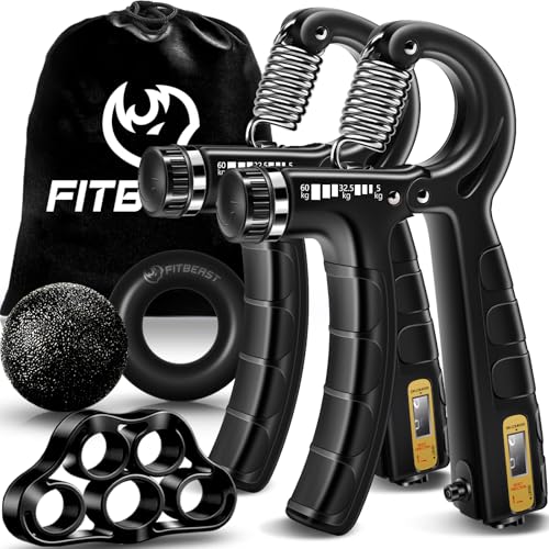 FitBeast Kit de treino para fortalecer aderência 5 peças, 2 resistência ajustável para anti-braço, extensor de dedos, anel de aderência e bola de alívio stress para atletas