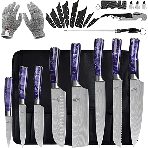 FULLHI 14 peças conjunto de facas japonesas, conjunto de facas de cozinha em aço inoxidável com cabo de cor roxa