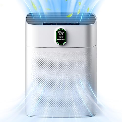 MORENTO Purificador de ar adequado para salas grandes, com sensor de qualidade do ar de exibição pm2.5, filtro de ar de alta eficiência real, entrada de ar frente e verso, 24 dB