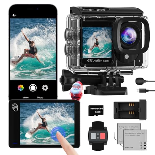 4K60FPS Câmara desportiva com ecrã tátil, 48 MP com 64 GB Wi-Fi câmara aquática, 40 m, câmara subaquática, EIS 170 ° câmara ação com comando, microfone e 2 baterias.