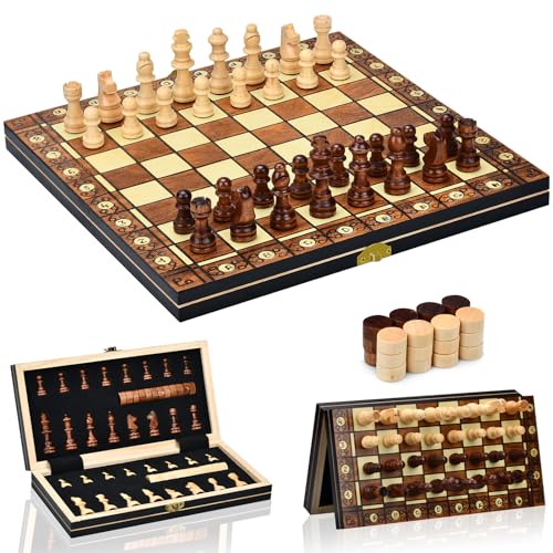 Aissom XQ1 XQ1 jogo de xadrez, 2 em 1 xadrez de madeira, Xadrez, xadrez magnético dobrável com ranhuras de armazenamento, para viagens e festas presentes, Xadrez de viagem (29 * 29 cm)