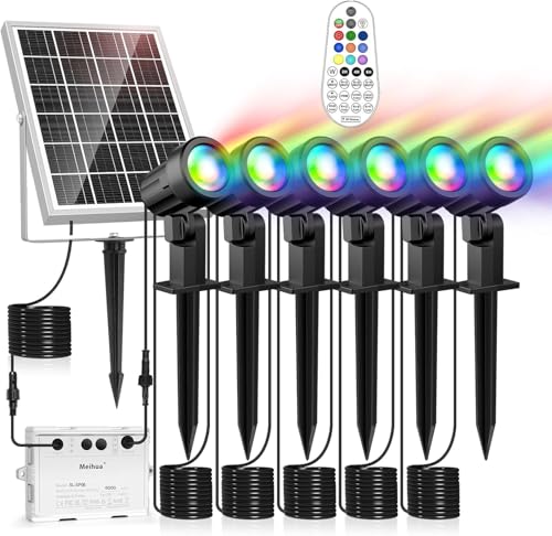 MEIHUA Foco solar jardim RGB com controlo remoto 10 cores 30 modos luzes solares LED exterior IP66 impermeável lâmpada 2 brilho temperatura iluminação solar para pátio, caminho terraço, 6 em 1