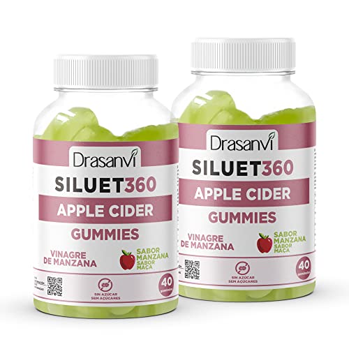 DRASANVI | Pack SILUET Apple Cider Vinagre de maçã Gummies | Gominolas favorecem a digestão | efeito prebiótico | perda de gordura | controlo de peso, sabor maçã, 2 frascos 80 gomas = 40 dias