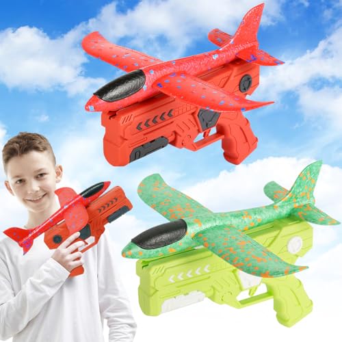 BONHHC Aviões de poliéster para crianças, 2 peças avião brinquedo poliéster, avião voador planador grande, aviões de poliéster com lançador para brinquedos exteriores presente (verde)