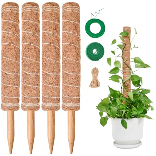 Tutores para plantas de trepadeira, SproutMaven 4 peças, 40 cm, tutores para mosteira, bastões de totem de coco de 124 cm, monitor para extensão de suporte para trepadeiras e monster