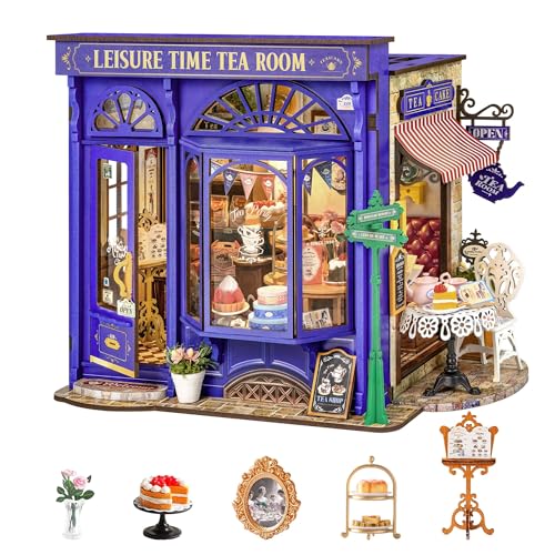 Rolife Casa de bonecas de lazer, sala de chá, kit de casa em miniatura com luzes, kit de casa de bonecas, tempo livre, sala de chá, estrutura de abertura, Natal, presente de aniversário