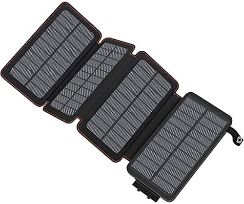 ADDTOP Carregador solar 25000 mAh Power Bank portátil com 3 portas 3A Output bateria externa impermeável com 4 painéis solares para iPhone, iPad e Samsung Galaxy e muito mais preto