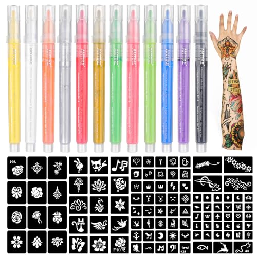 Marcadores para tatuagem temporária, 12 cores marcadores para tatuagem e cosméticos na pele, vários 104 modelos de padrão, tatuagens temporárias para arte corporal