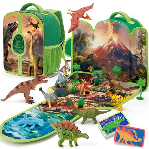COCO&Friends Dinossauros brinquedos crianças 3 anos, mochila infantil com 12 dinossauros, cartas e tapete de jogo - brinquedos de viagem presentes para crianças 3 4 5 6 anos