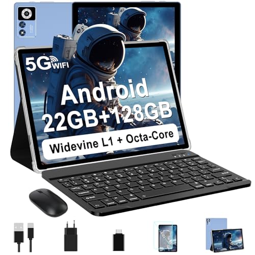 ZIOVO Android 14 Tablet de 10 polegadas, 22 GB RAM+128 GB ROM (TF 1TB), 5G WiFi, Widevine L1/Octa-Core/2,0 GHz/8000 mAh/corpo metálico/8 5 MP/ Tablet 2 em 1 Com teclado e Rato - azul