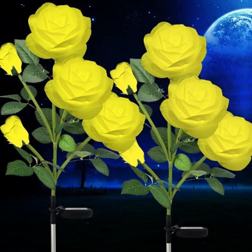 HELESIN Candeeiros solares para exterior e jardim, 2 unidades, proteção IP65, resistentes à água, flores solares, exteriores, resistentes às intempéries, 5 pétalas de rosa, decoração solar para