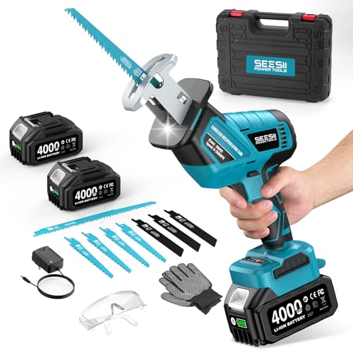SEESII Serra sabre sem fio 21 V, serra alternativa de 2 baterias 4,0 Ah, motor sem escovas de 3500 rpm, luz LED, 8 lâminas de serra portátil para madeira PVC de corte