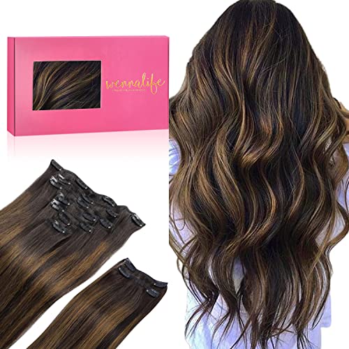 WENNALIFE Balayage Extensões de clipe de cabelo natural, castanho escuro mistura de castanho 150 g 50 cm 9 peças extensões de cabelo natural cabelo humano extensões de cabelo natural clipe extensões