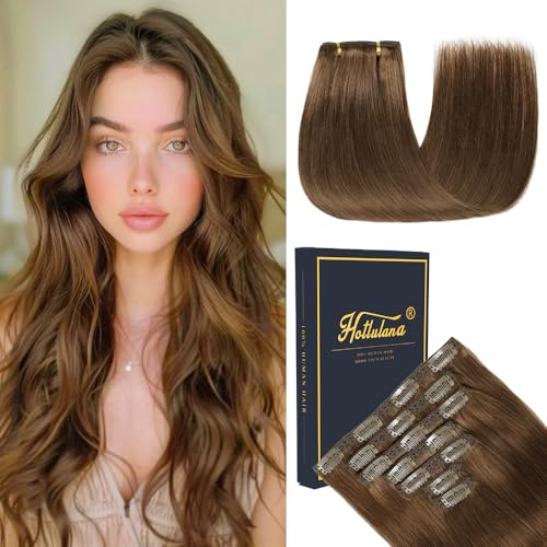 HotLulana Extensões de clipe de cabelo natural, 7 unidades de 40 cm castanho chocolate extensões de cabelo natural cabelo humano extensões de 16 polegadas 80 g extensões de cabelo natural 4#