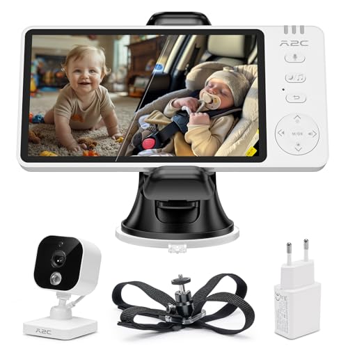 APPS2Car 2-In-1 câmara de vigilância para bebé, carro de 5 polegadas, ecrã HD 1080 p monitor para bebés com câmara e áudio, com sensor de temperatura sem WiFi, visão noturna, Baby Monitor carro e casa