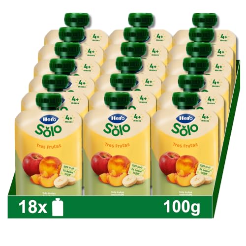 Hero Baby - Bolsa de 3 frutas com pêssego, maçã e banana, sem conservantes nem corantes, óleo de palma, glúten, nem açúcares adicionados, para bebés a partir dos 4 meses, embalagem de 18 x 100 g