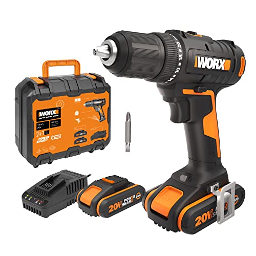Broca de fendas 20 V máx. Worx | PowerShare | WX108 leve | 2 baterias 2 Ah, carregador e pasta, suporte de botões de 13 mm, 45 Nm, luz LED e ponta dupla de aparafusar