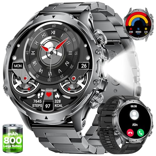 LIGE 1,85" Relógio inteligente homem com 800 mAh/mais de 30 dias de espera, lanterna LED, smartwatch com chamadas Bluetooth, frequência cardíaca, pO2, monitor de sono, IP68 impermeável para Android