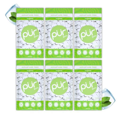 PUR Gum Chiclete sem açúcar, com Xilitol, vegano, sem aspartamo e sem glúten, pastilha natural com sabor a Coolmint, 55 peças (embalagem de 6)