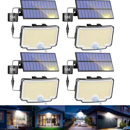 nipify Focos LED exteriores solares, luz solar com sensor de movimento, 318 LEDs/3 modos, impermeável potente candeeiro solar para jardim, garagens, caminhos, 4 pacotes branco frio