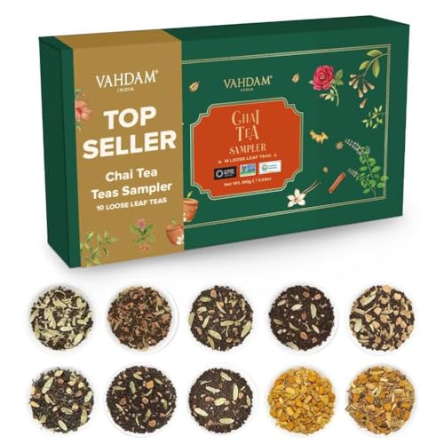 VAHDAM, Caixa de presente sortida de chá Chai - (10 sabores) caixa de infusão de chá com 10 misturas de índio masala Chai | variedade de presentes de chá para mulheres e homens