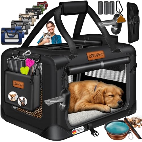 LOVPET® Caixa de transporte para cão e gato, bolsa de transporte, mala dobrável para cão e gato, Incl. Alimentador para cão e mala de ombro, XXL - 91,4 x 63,5 x 63,5 cm - preto