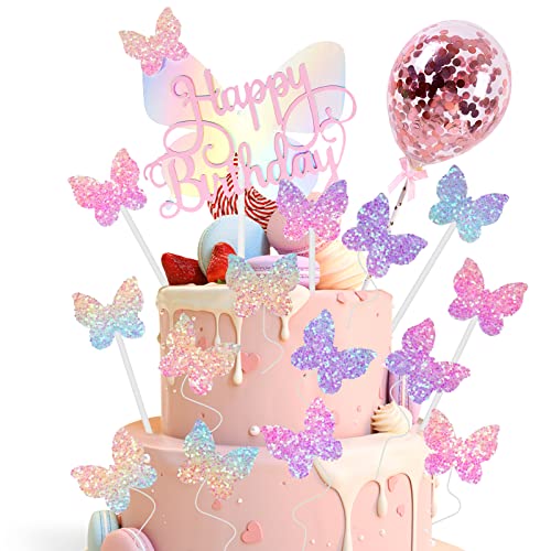 OSDUE Topper de bolo, top de bolo de borboleta, top de bolo de aniversário de borboleta, top de bolo de festa de aniversário para decoração de comida de festa de aniversário de casamento