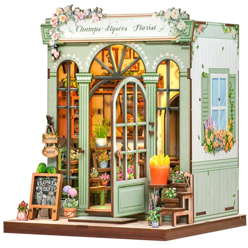 CUTEBEE Book Nook Kit - DIY Casa de bonecas em miniatura com cobertura anti-pó e luz LED, kit de construção para adultos para decoração de estantes (Champs-Élysées florista)