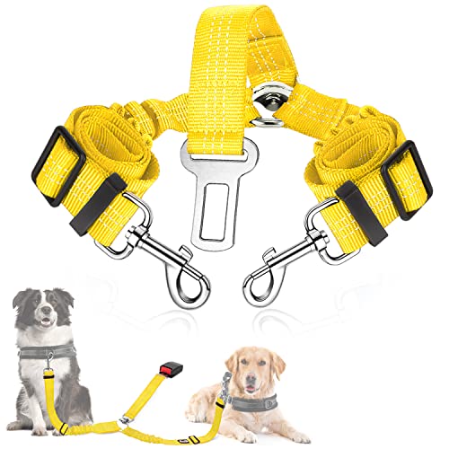 SlowTon Cinto de segurança carro cão, 2 cães sem emaranhado cinto de segurança elástico duradouro para o carro, ajustável refletor seguro cão carro arnês divisória para viajar