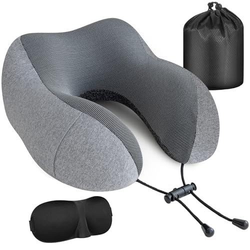 Cirorld Almofada de viagem para pescoço, almofada cervical viagem confortável e porta-rolos para avião e carro, com viscoelástico de espuma memória, almofada pescoço viagem com máscara de olhos,
