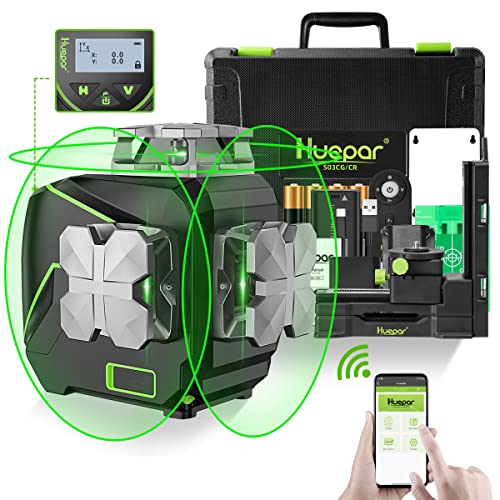 Nível laser de 3 x 360 ° Huepar, auto-nivelamento com ecrã LCD, 3D conectado por Bluetooth, ferramenta laser linha cruzada de feixe verde, linha laser horizontal / controle remoto vertical inclui