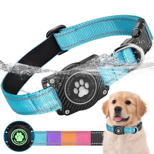 Ytanest Coleira de cão Airtag impermeável integrada suporte de Apple Air Tag refletor ajustável para cães pequenos, médios e grandes, azul, L